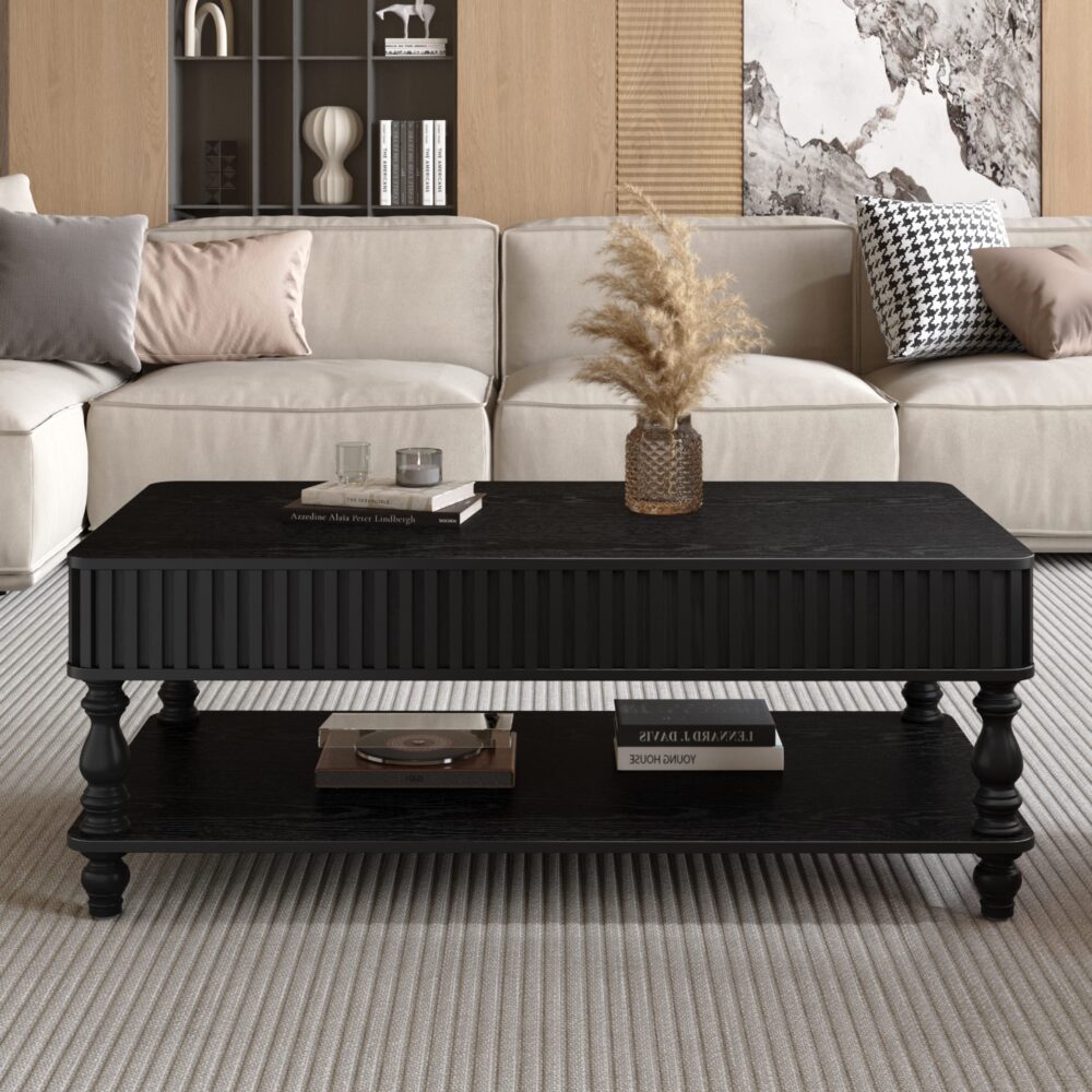 VESAMONTIS black lift top coffee table with solid wood roman columns