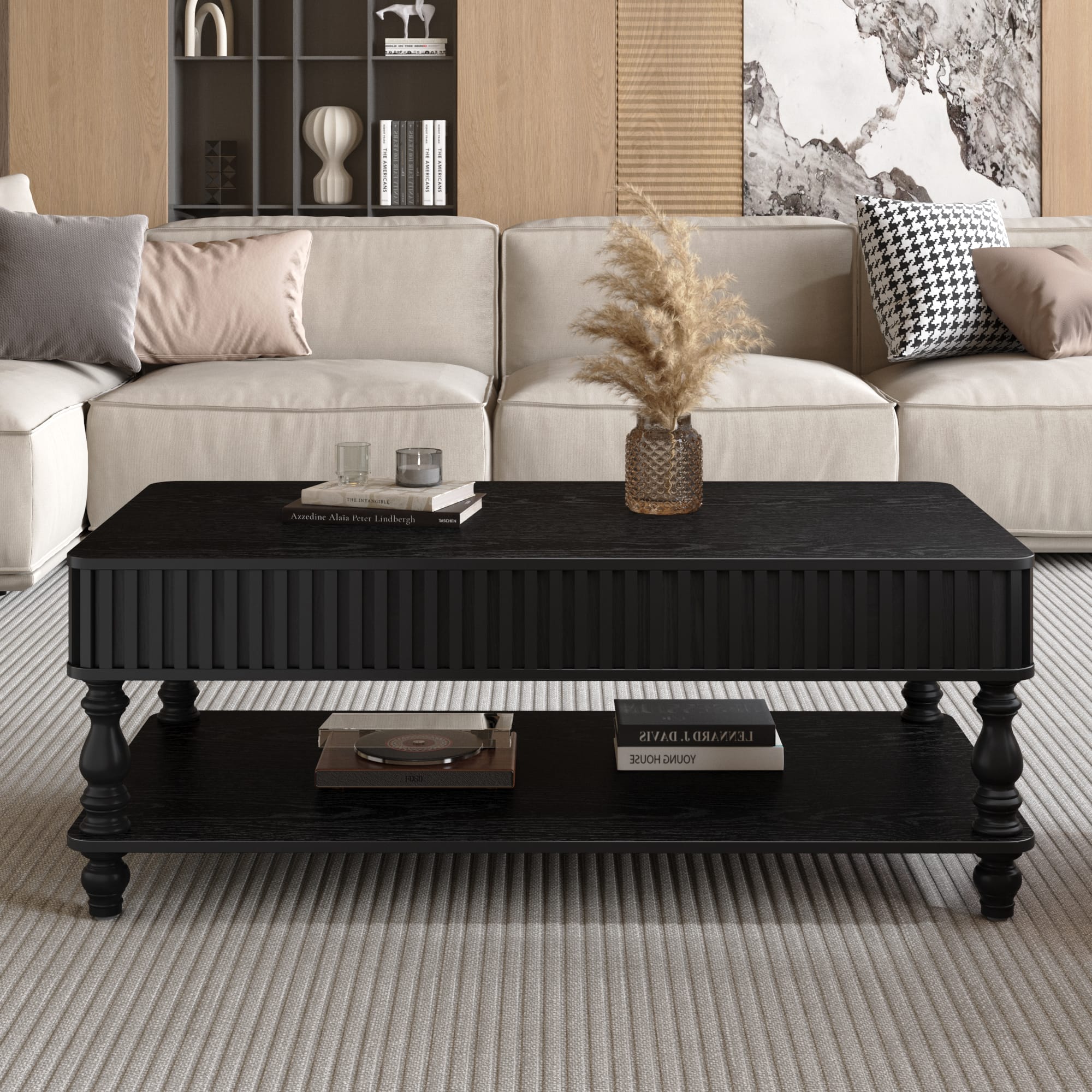 VESAMONTIS black lift top coffee table with solid wood roman columns