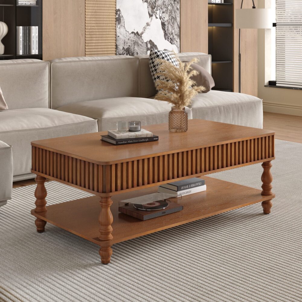 VESAMONTIS 47" Solid Wood Lift Top Coffee Table, Tool-Free Assembly Rustic Center Table with Fluted Details & Hidden Storage for Living Room