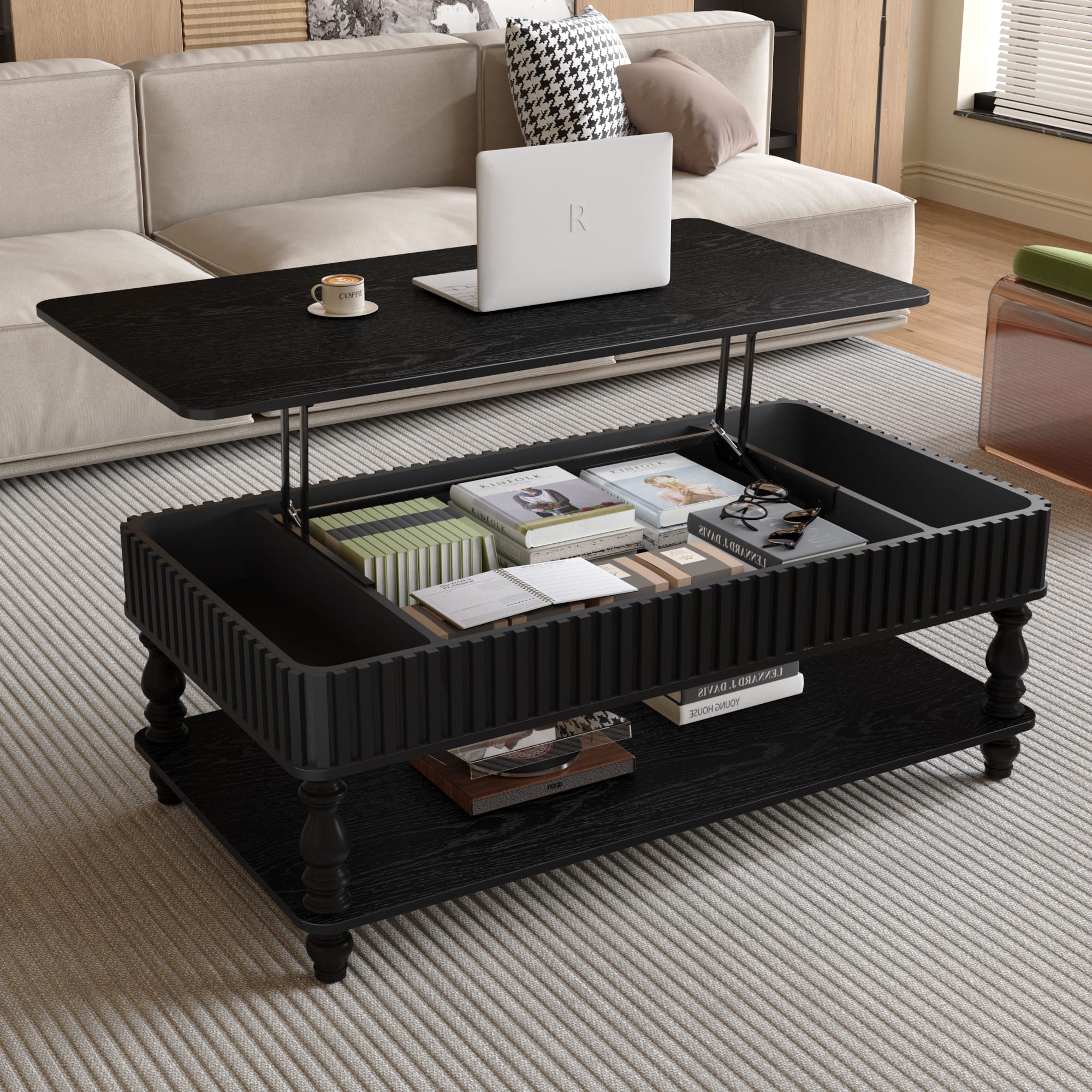 VESAMONTIS black lift top coffee table with solid wood roman columns