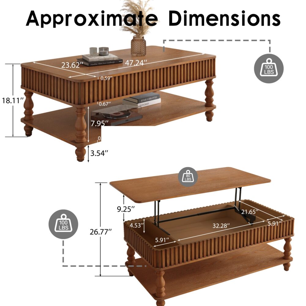 VESAMONTIS 47" Solid Wood Lift Top Coffee Table, Tool-Free Assembly Rustic Center Table with Fluted Details & Hidden Storage for Living Room