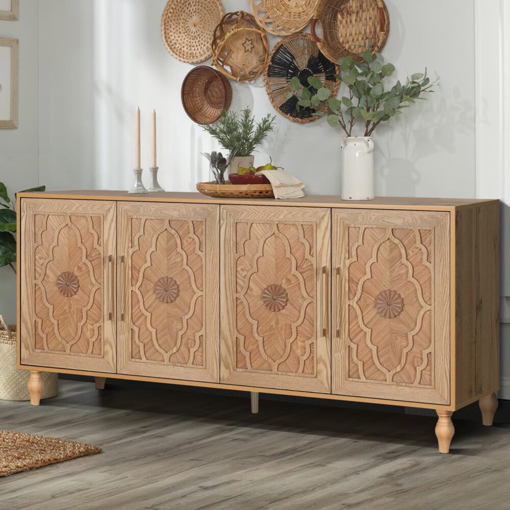 20240425_59f8754f7425e783dae5aefcc88064d5 (1) VESAMONTIS 63" Large Storage Cabinet with Carved Floral Doors & Metal Handles, Freestanding Buffet Console Table for Living Room, Kitchen, Entryway