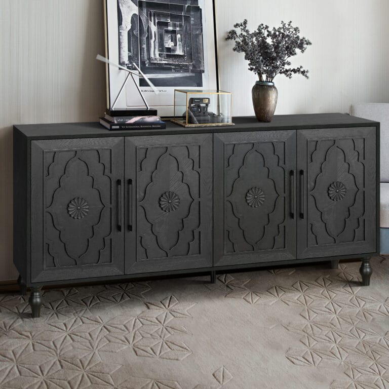 Why VESAMONTIS 63″ Large Storage Cabinet with Carved Floral Doors & Metal Handles Stands Out for Modern Home Comfort