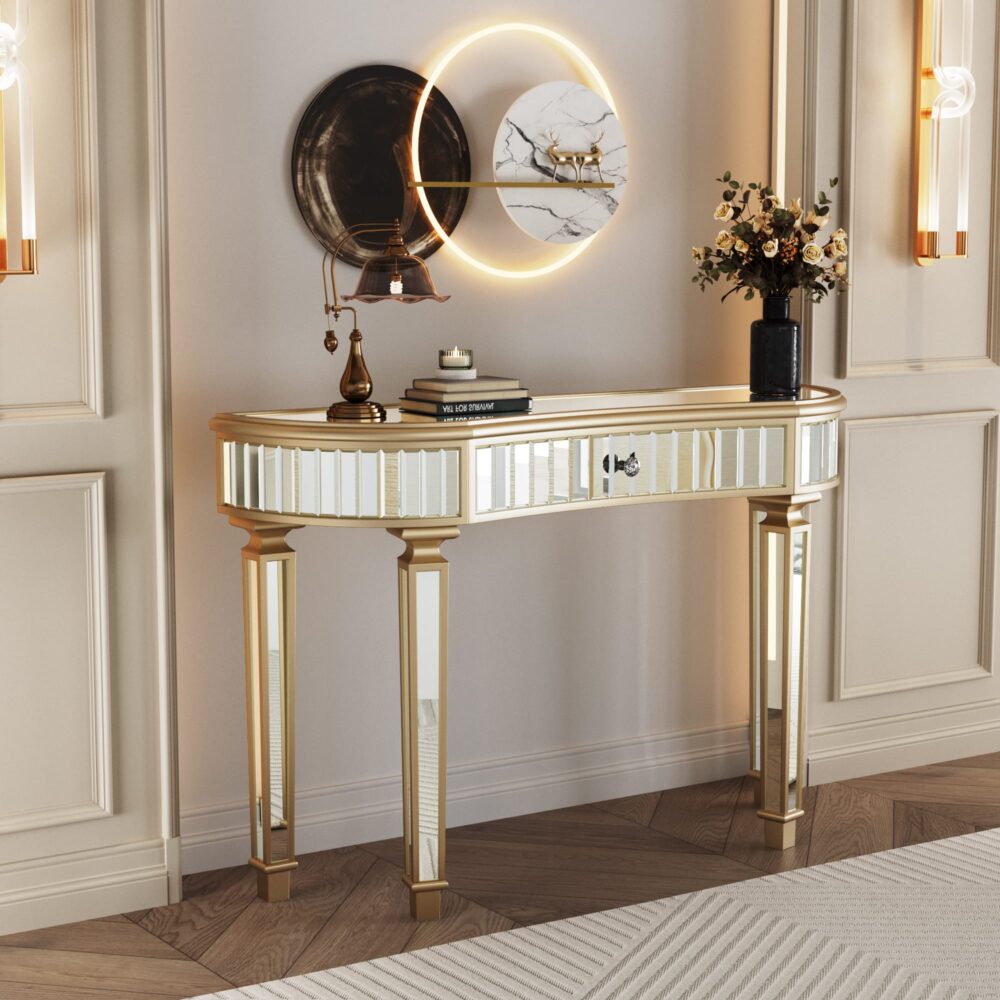 VESAMONTIS 47" Half-Moon Mirrored Console Table with Fluted Glass & Crystal Knob Drawer, Crescent Entryway Vanity Desk for Bedroom & Hallway