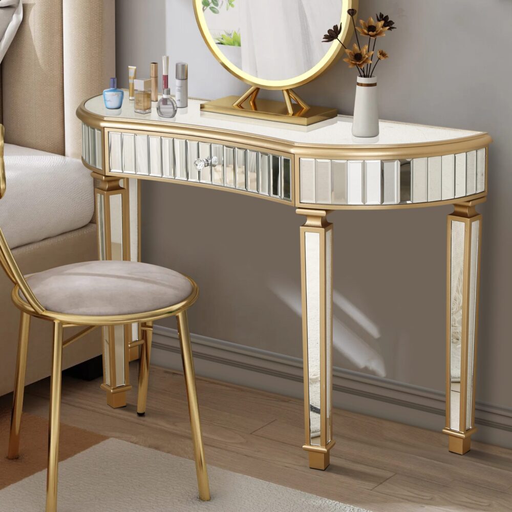 VESAMONTIS 47" Half-Moon Mirrored Console Table with Fluted Glass & Crystal Knob Drawer, Crescent Entryway Vanity Desk for Bedroom & Hallway