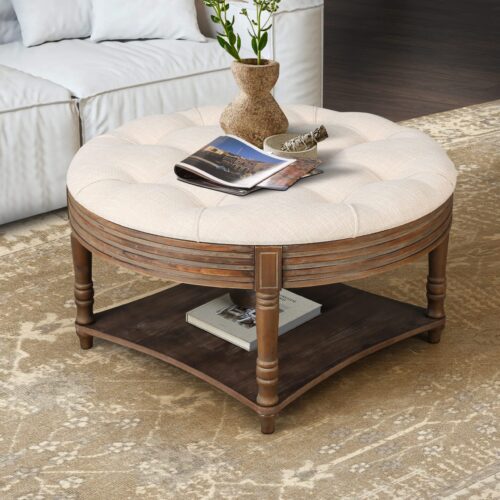 VESAMONTIS 31.5" Round Tufted Ottoman Coffee Table with 2-Tier Storage Shelf, Waterproof Farmhouse Center Table & Upholstered Footstool for Living Room
