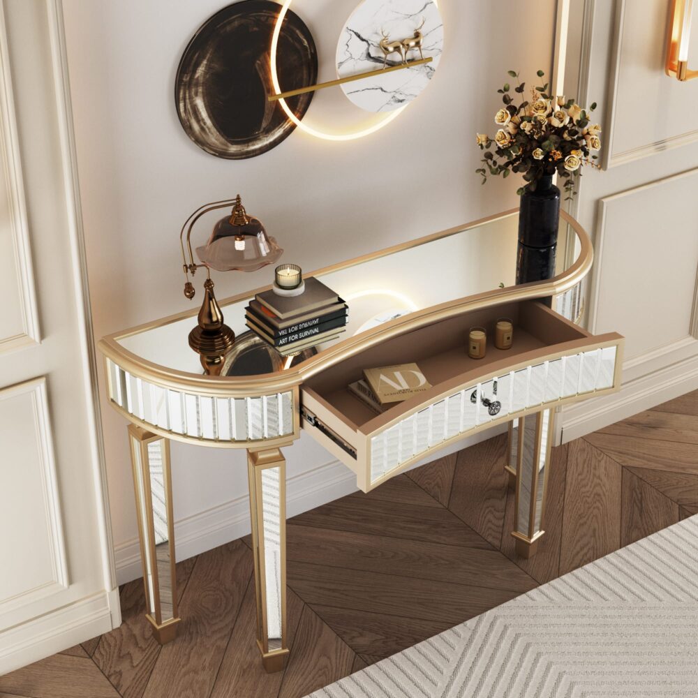 VESAMONTIS 47" Half-Moon Mirrored Console Table with Fluted Glass & Crystal Knob Drawer, Crescent Entryway Vanity Desk for Bedroom & Hallway