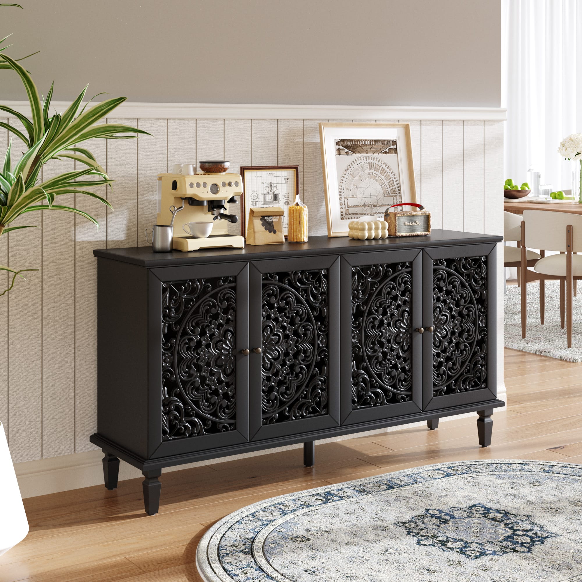 Why VESAMONTIS 60" Antique Buffet Cabinet Sideboard Stands Out for Modern Home Comfort VESAMONTIS 60" Antique Buffet Cabinet Sideboard, Solid Wood TV Stand with Carved Floral Doors, Media Console for Living Room & Dining Room