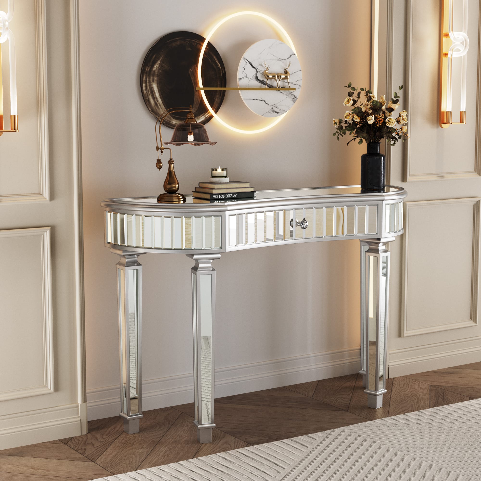 Why VESAMONTIS 47" Half-Moon Mirrored Console Table with Fluted Glass & Crystal Knob Drawer Stands Out for Modern Home Comfort VESAMONTIS 47" Half-Moon Mirrored Console Table with Fluted Glass & Crystal Knob Drawer, Crescent Entryway Vanity Desk for Bedroom & Hallway