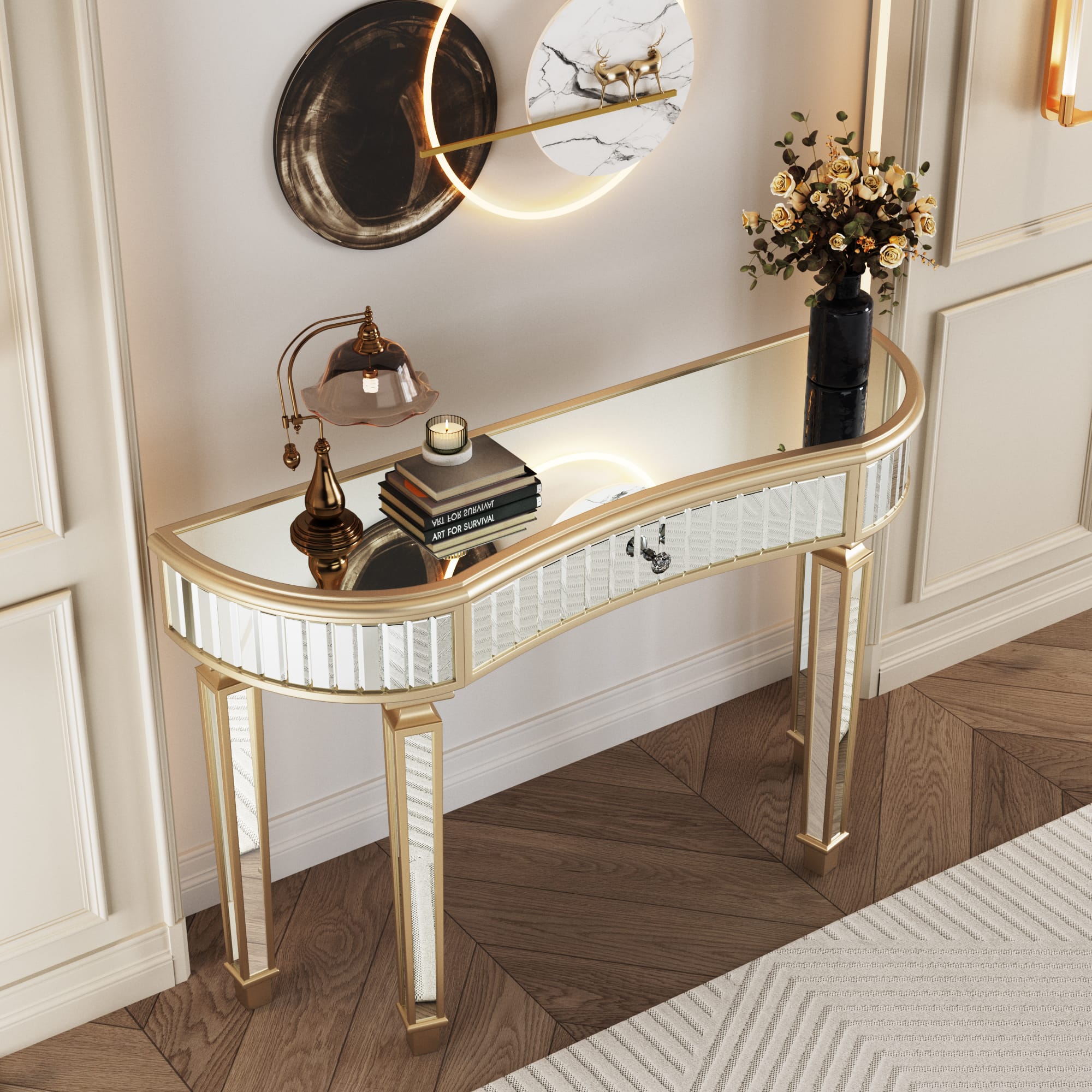 VESAMONTIS 47" Half-Moon Mirrored Console Table with Fluted Glass & Crystal Knob Drawer, Crescent Entryway Vanity Desk for Bedroom & Hallway