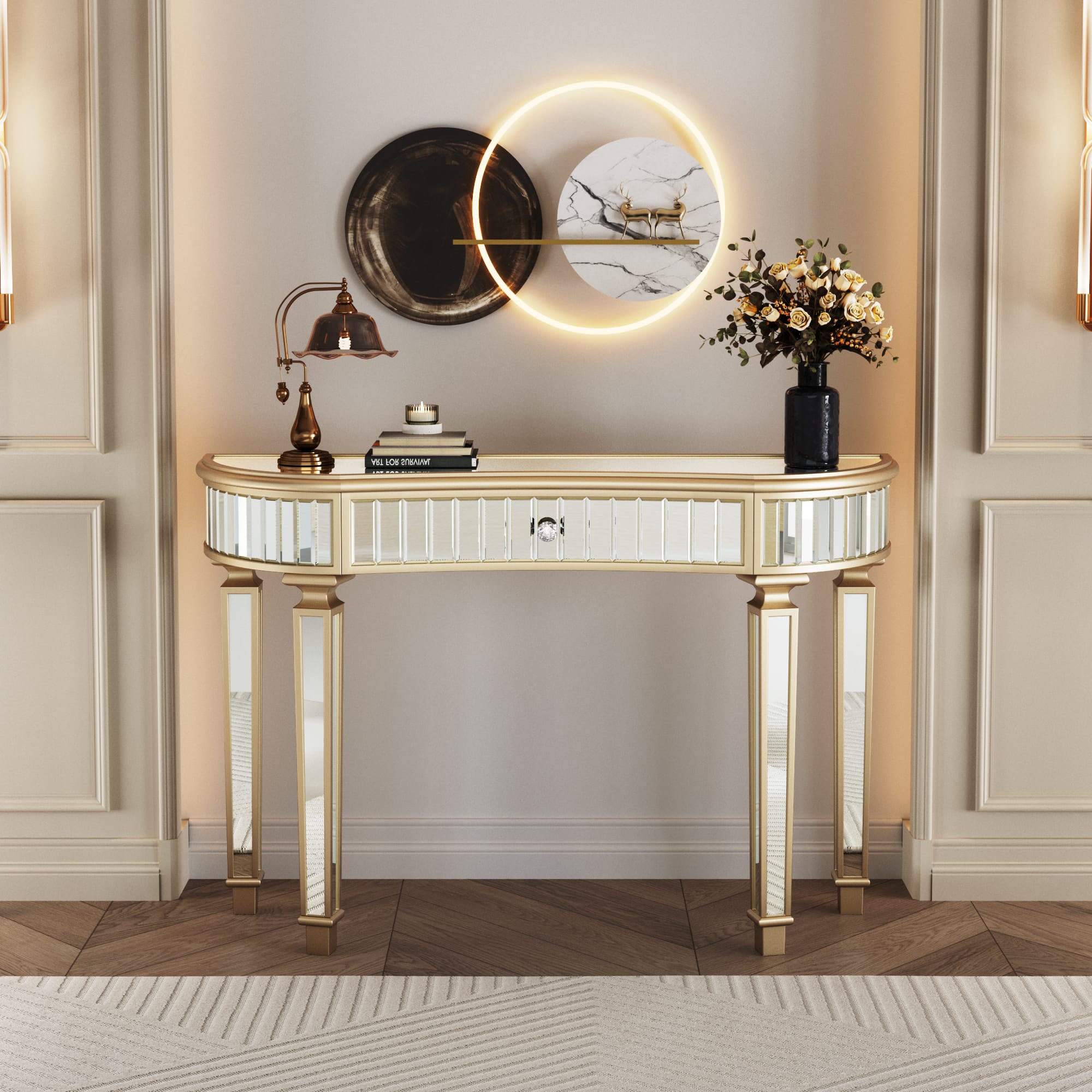 Why VESAMONTIS 47" Half-Moon Mirrored Console Table with Fluted Glass & Crystal Knob Drawer Stands Out for Modern Home Comfort