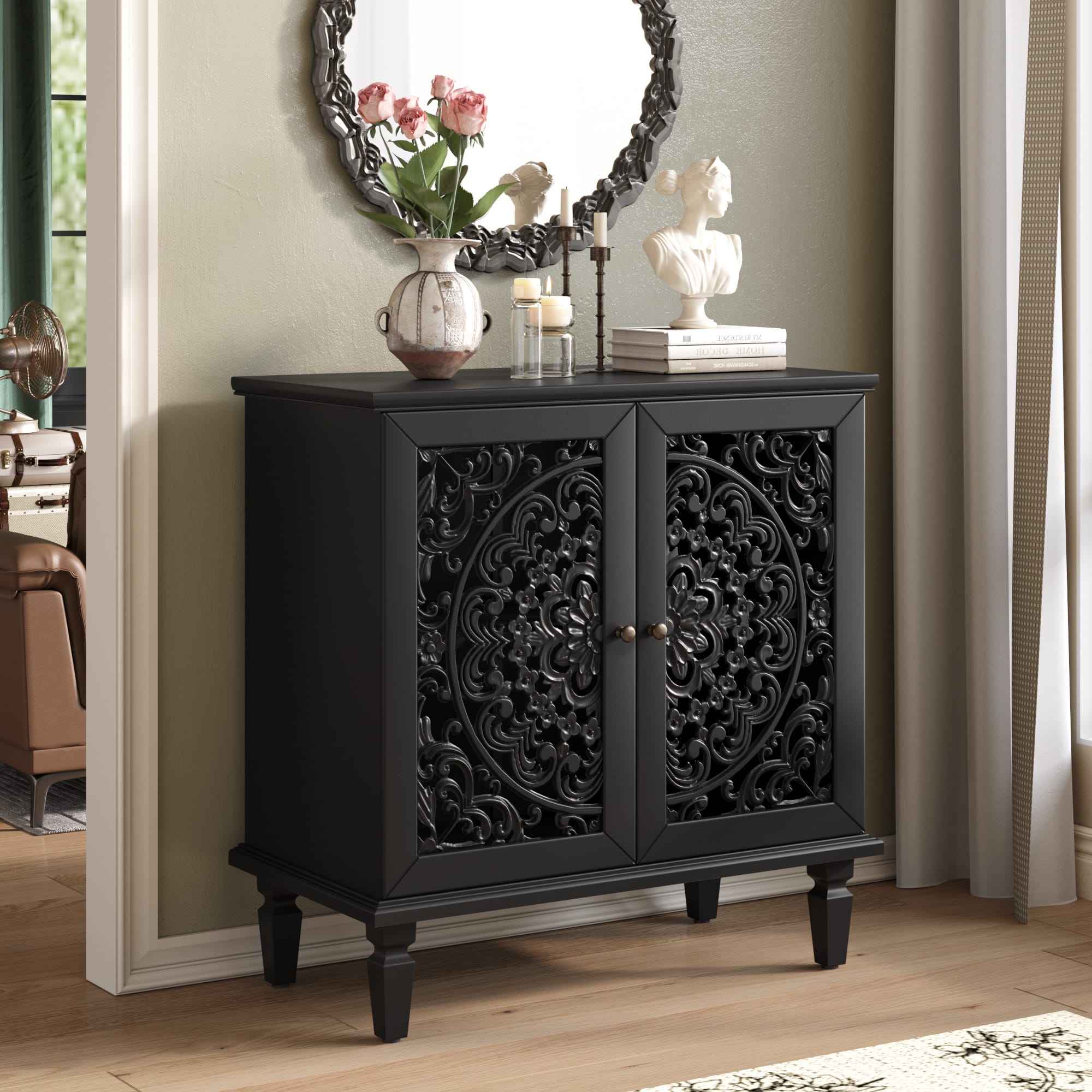 VESAMONTIS 31.5" Vintage Hollow-Carved Accent Cabinet, 2-Door Storage Sideboard with Solid Wood Legs, Rustic Console Table for Entryway & Living Room