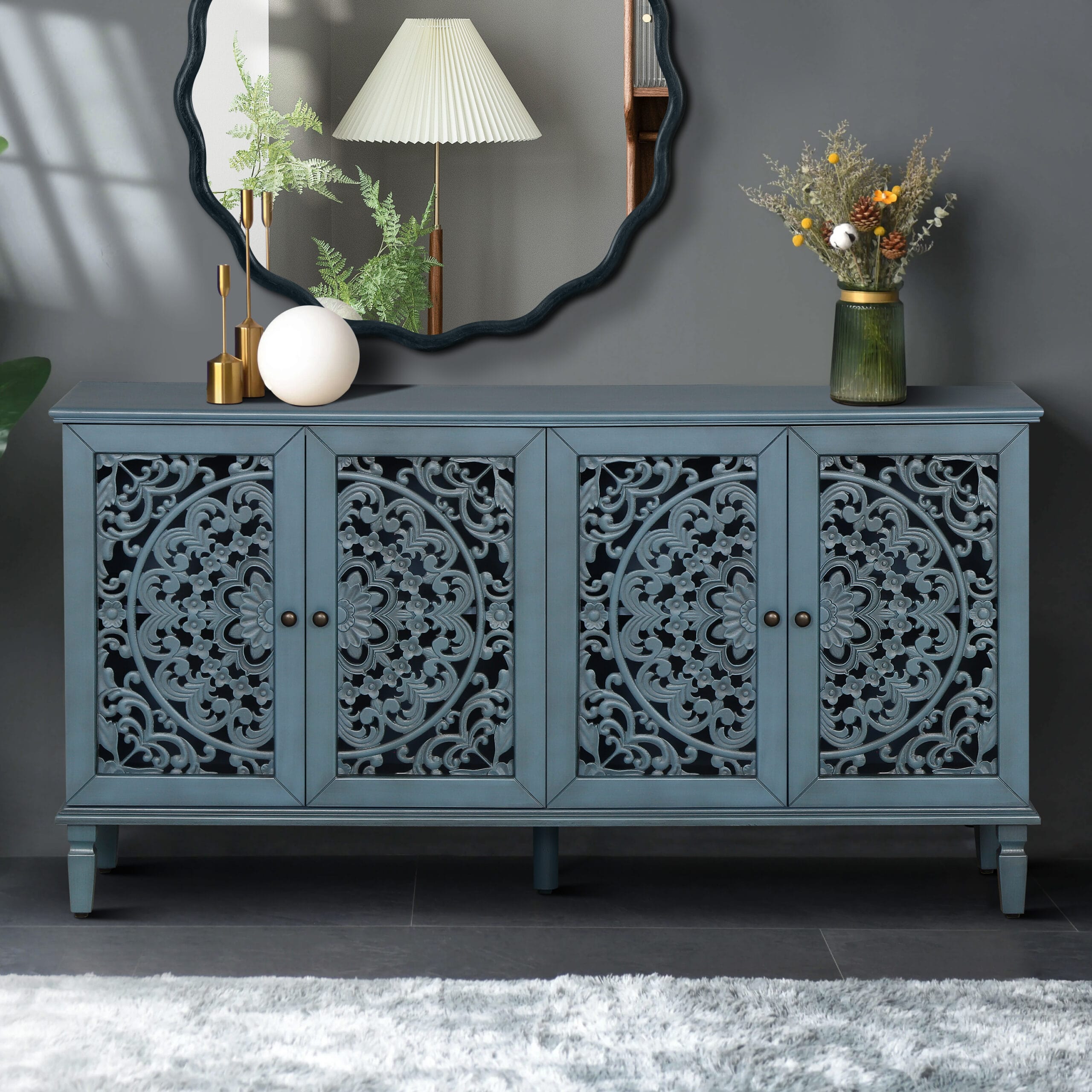 Why VESAMONTIS 60" Antique Buffet Cabinet Sideboard Stands Out for Modern Home Comfort VESAMONTIS 60" Antique Buffet Cabinet Sideboard, Solid Wood TV Stand with Carved Floral Doors, Media Console for Living Room & Dining Room