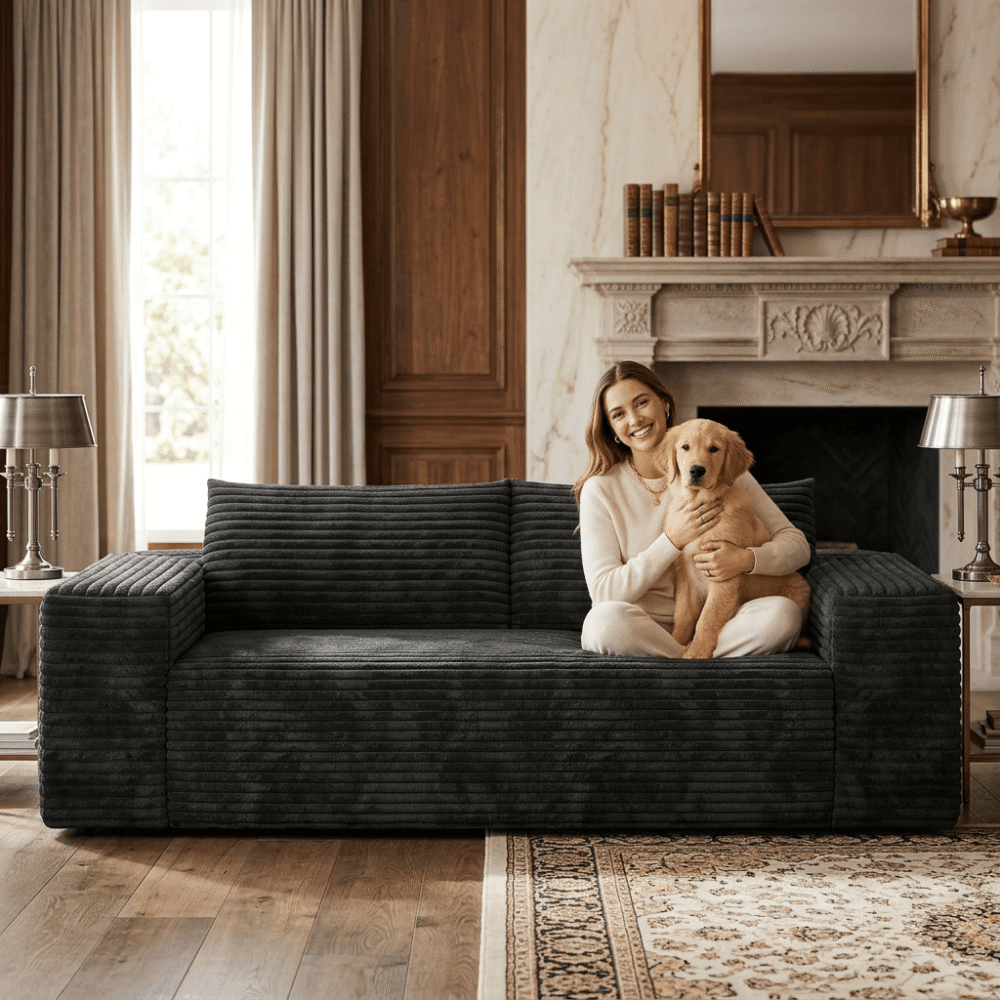 002 VESAMONTIS 78.8" 3-Seater Corduroy Sofa, Deep Seat Cloud Couch with Ergonomic Backrest & Wide Armrests, Comfy No Assembly Loveseat for Living Room, Bedroom & Apartment, High-Density Foam Support (Up to 600lbs)