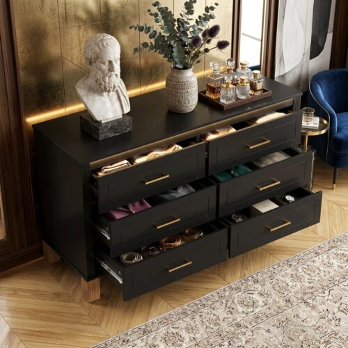 VESAMONTIS 6-Drawer Double Dresser , Modern Storage Cabinet with Metal Handles and Solid Wood Legs, Dresser Drawer Organizer for Kids Bedroom, Heavy-Duty Wooden Dresser with Pre-In