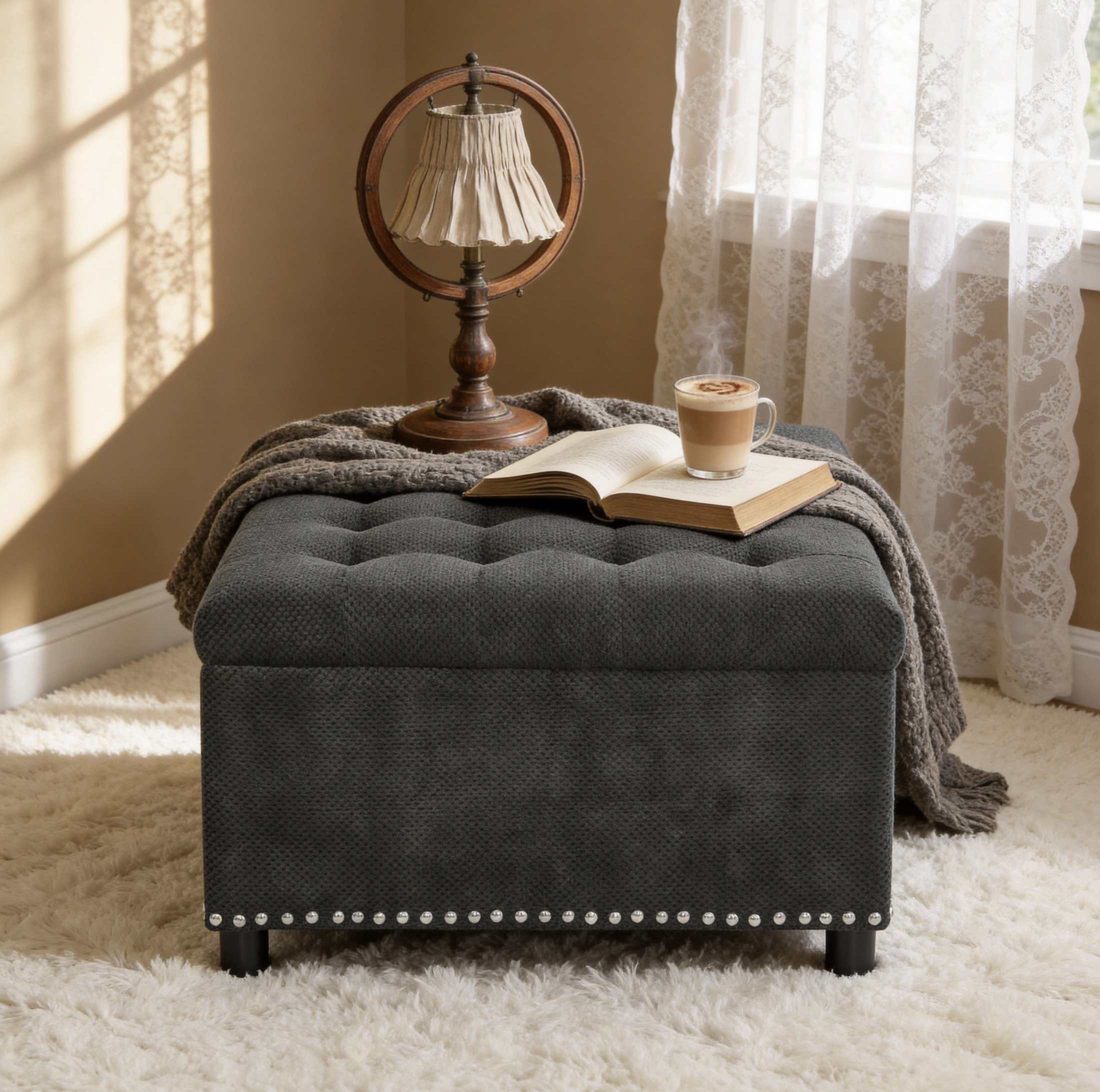 VESAMONTIS Black Storage Ottoman with Hidden Storage practical functionality