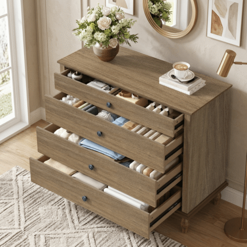 VESAMONTIS Large 4-Drawer Chest Dresser with Solid Wood Feet Metal Drawer Knobs, Antique Design for Bedroom and Nursery