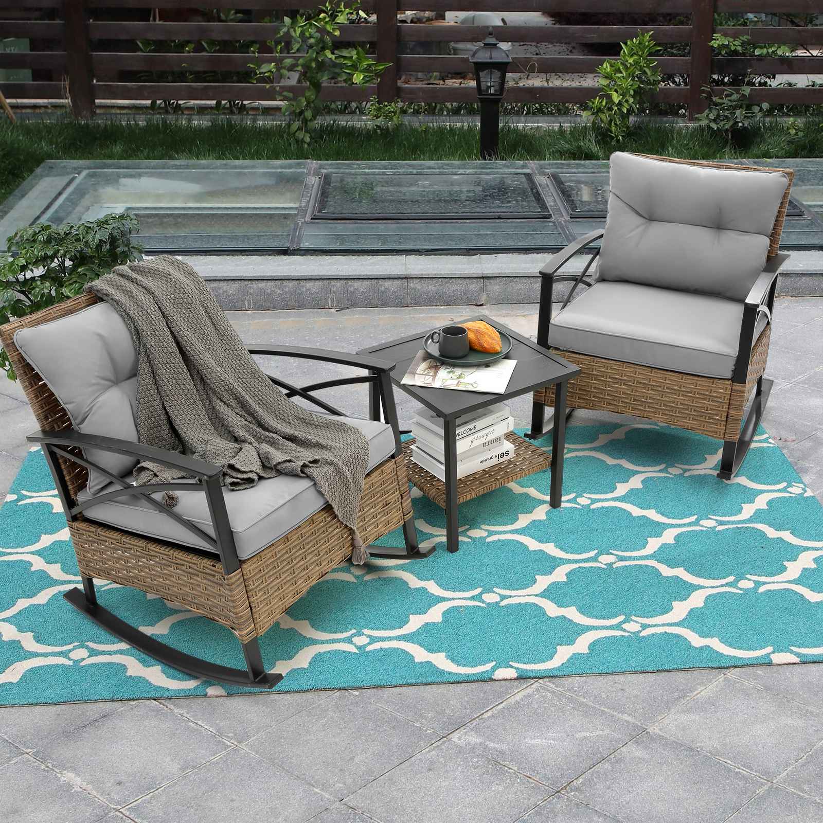 Grey Rocking Rattan Chair Set