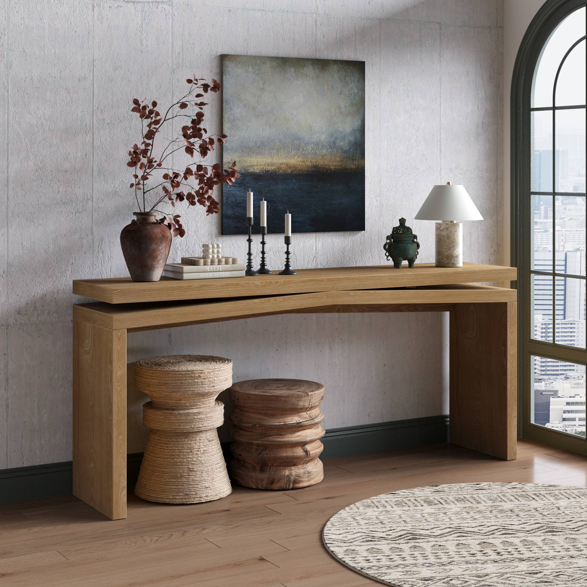 VESAMONTIS 65-Inch Solid Wood Veneer Console Table, Long Farmhouse Entryway Sofa Table for Living Room, Hallway, Behind Couch, Apartment, Antique Brown