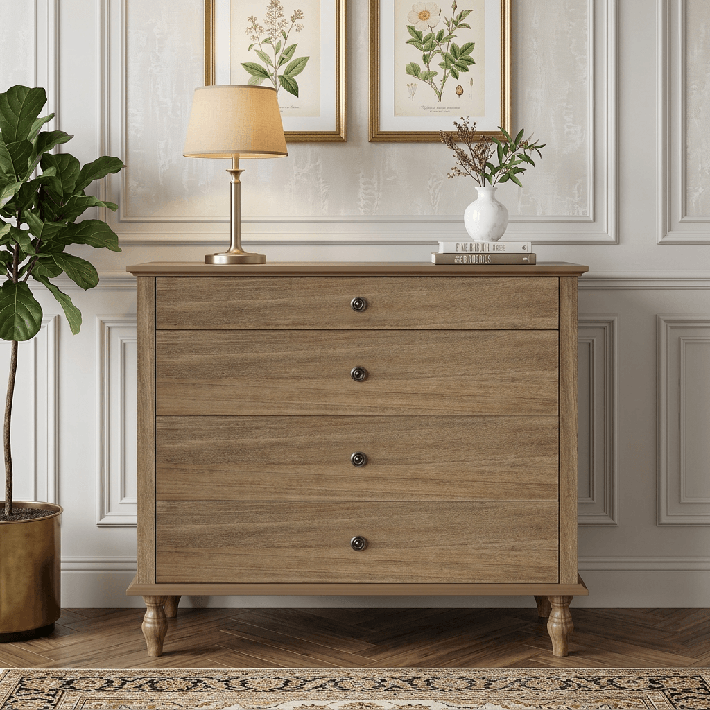 VESAMONTIS Large 4-Drawer Chest Dresser with Solid Wood Feet Metal Drawer Knobs, Antique Design for Bedroom and Nursery