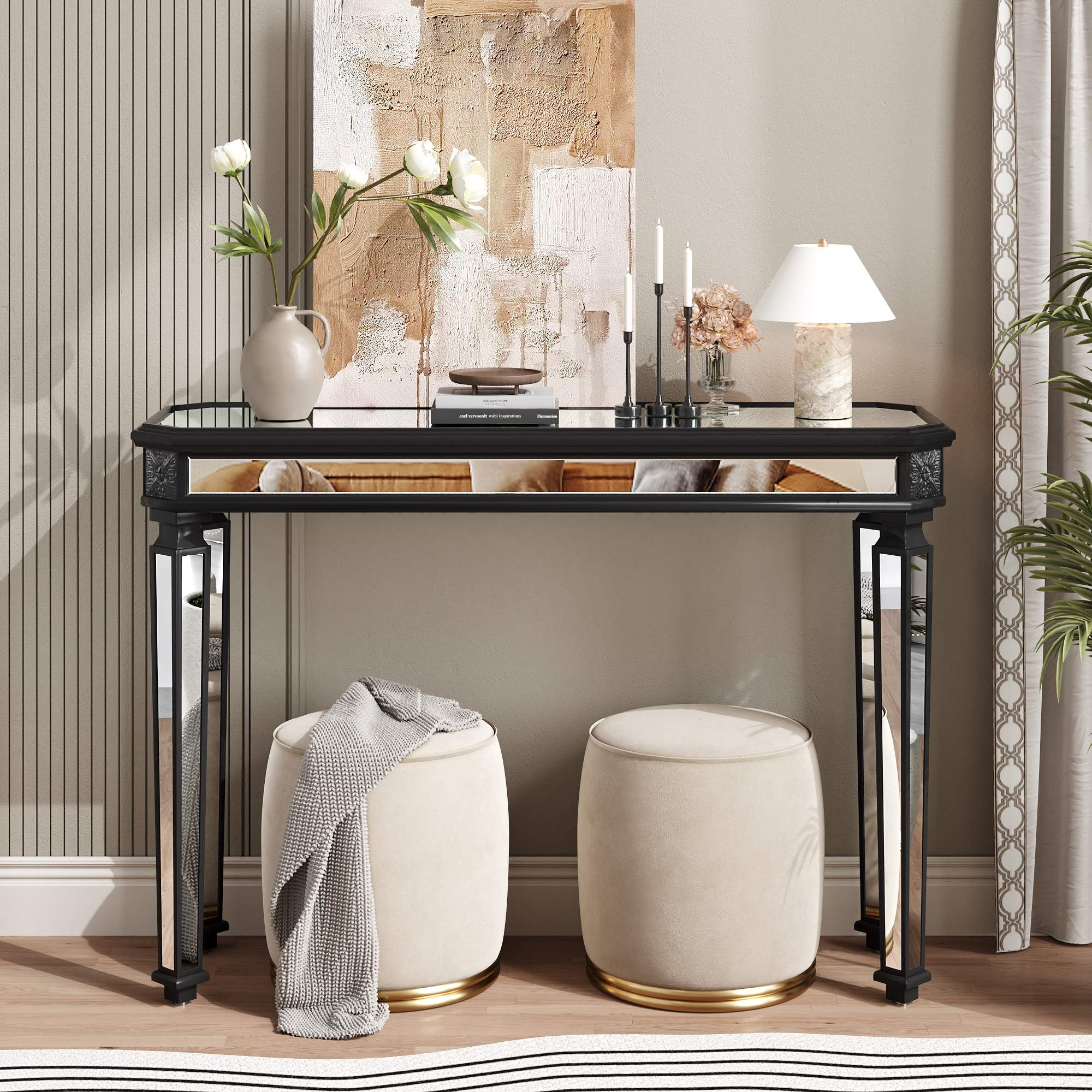 VESAMONTIS Black Mirror Console Table Vintage Wood Grain Carving Process Gorgeous and Noble for Entryway, Sofa Table,Living Room(48''W x 32.3''H x 18D) detail