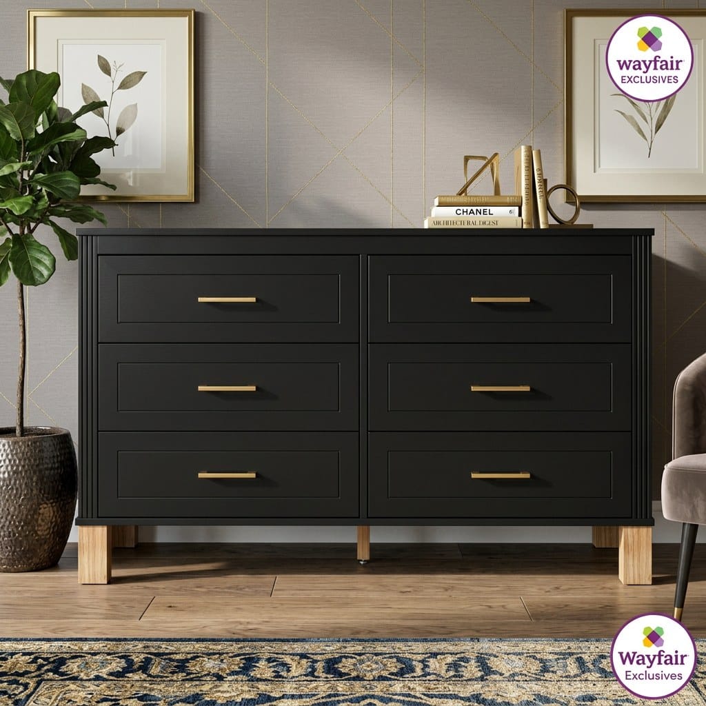 VESAMONTIS 6-Drawer Double Dresser , Modern Storage Cabinet with Metal Handles and Solid Wood Legs, Dresser Drawer Organizer for Kids Bedroom, Heavy-Duty Wooden Dresser with Pre-In