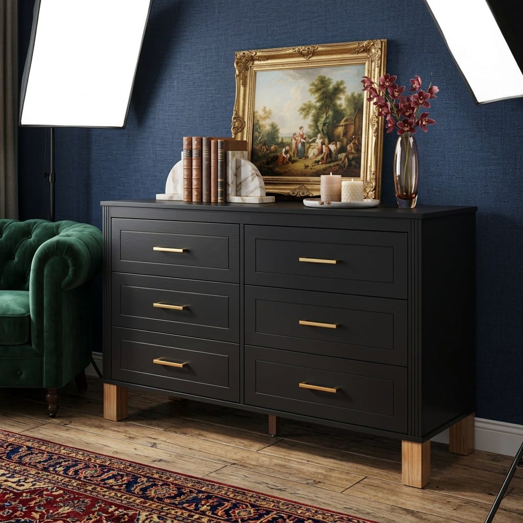 VESAMONTIS 6-Drawer Double Dresser , Modern Storage Cabinet with Metal Handles and Solid Wood Legs, Dresser Drawer Organizer for Kids Bedroom, Heavy-Duty Wooden Dresser with Pre-In detail