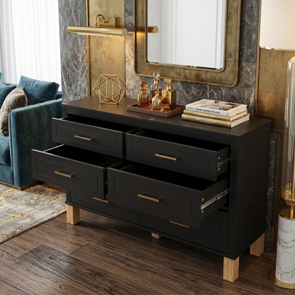 VESAMONTIS 6-Drawer Double Dresser , Modern Storage Cabinet with Metal Handles and Solid Wood Legs, Dresser Drawer Organizer for Kids Bedroom, Heavy-Duty Wooden Dresser with Pre-In lifestyle