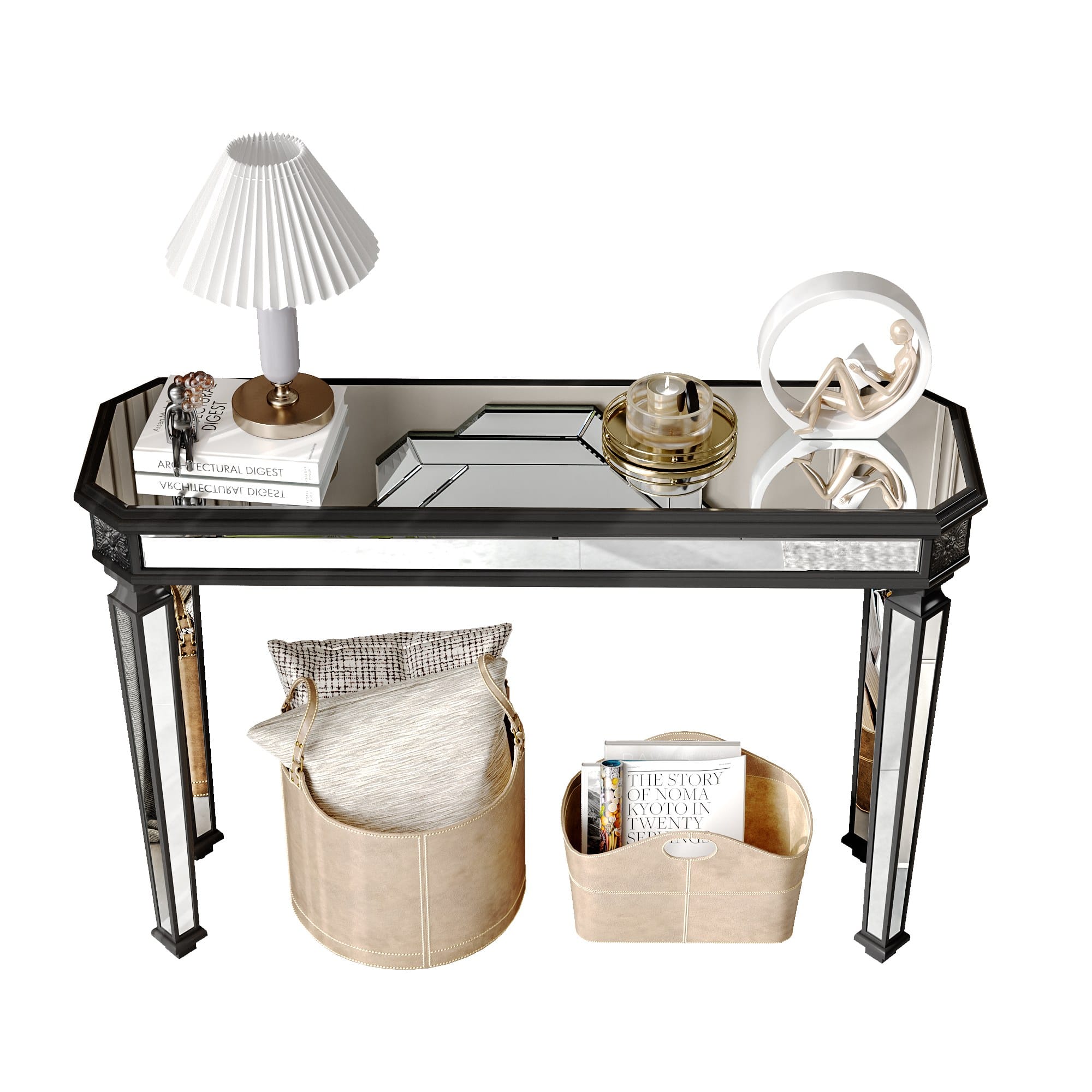 VESAMONTIS Black Mirror Console Table Vintage Wood Grain Carving Process Gorgeous and Noble for Entryway, Sofa Table,Living Room(48''W x 32.3''H x 18D) package