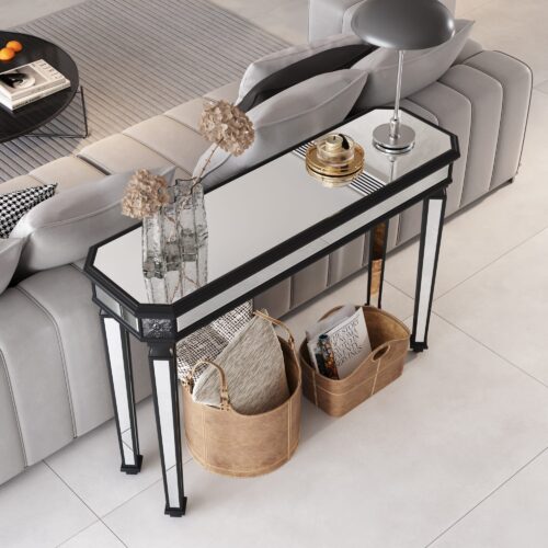 VESAMONTIS Black Mirror Console Table Vintage Wood Grain Carving Process Gorgeous and Noble for Entryway, Sofa Table,Living Room(48''W x 32.3''H x 18D)