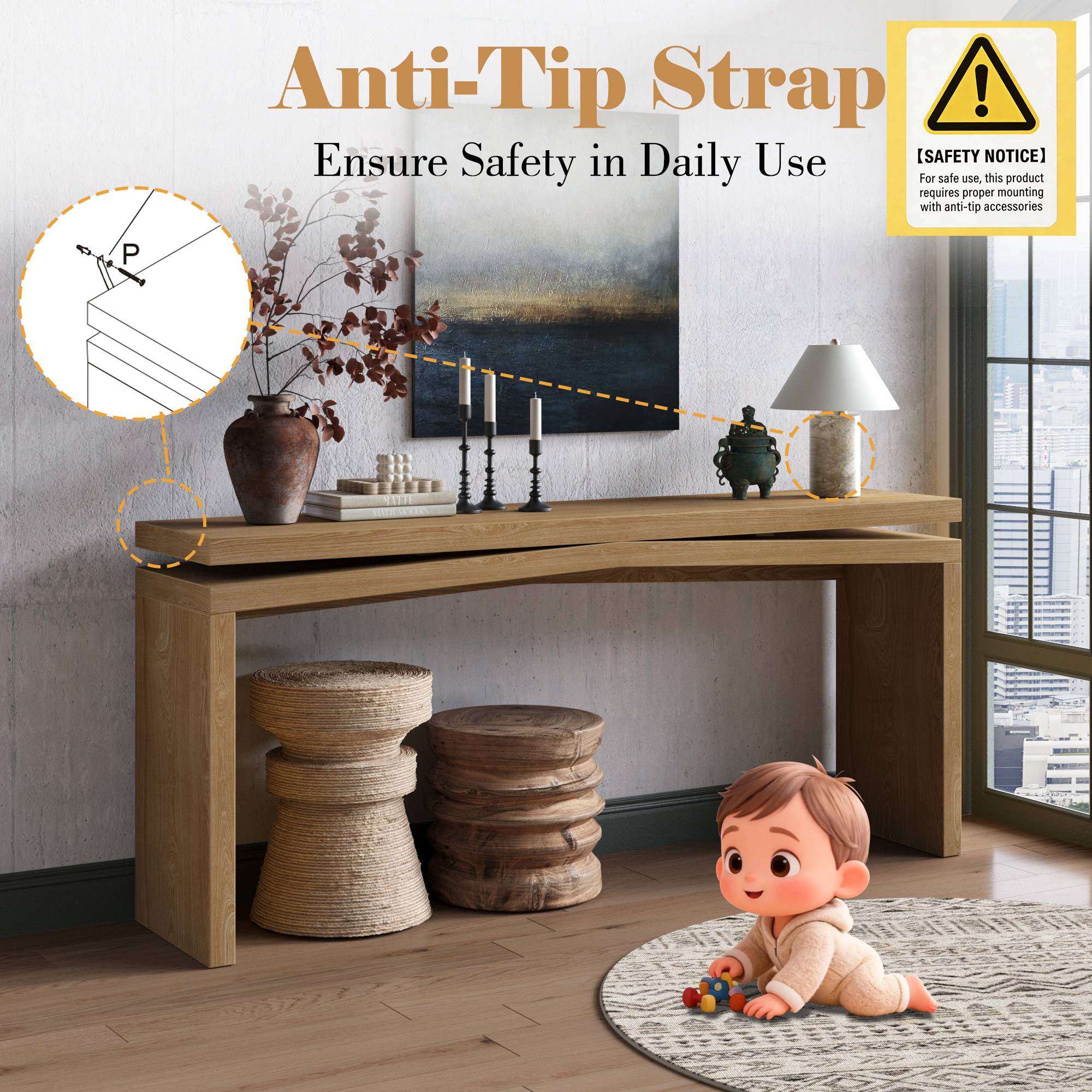 VESAMONTIS 65-Inch Solid Wood Veneer Console Table, Long Farmhouse Entryway Sofa Table for Living Room, Hallway, Behind Couch, Apartment, Antique Brown detail